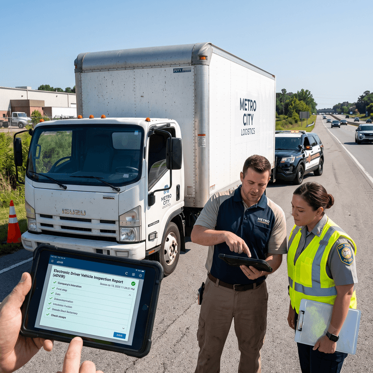 Roadside inspection scene where a local box truck driver shows electronic DVIR records on a mobile device