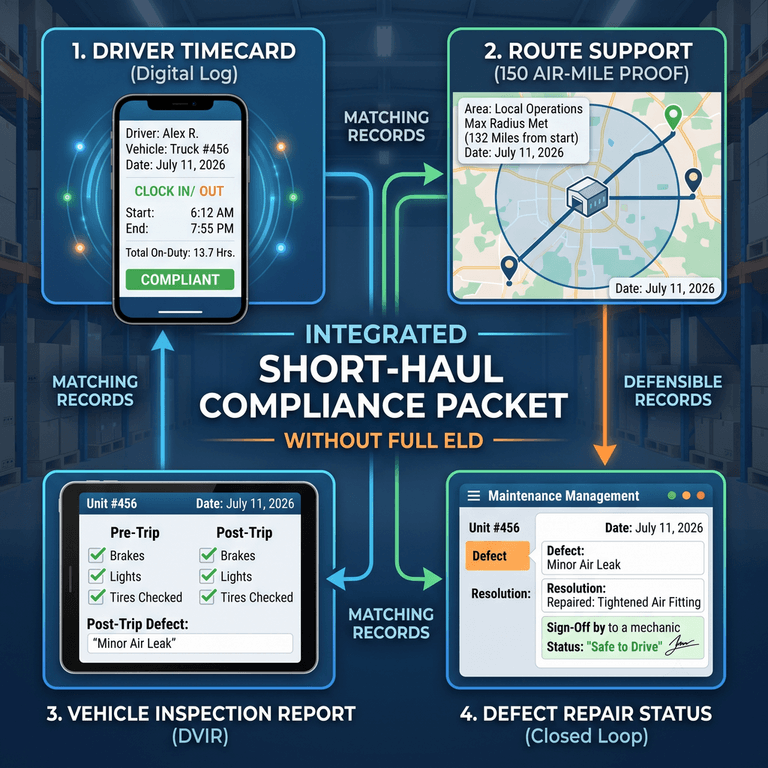 Digital short-haul compliance packet combining driver timecard, route record, vehicle inspection report, and defect repair status