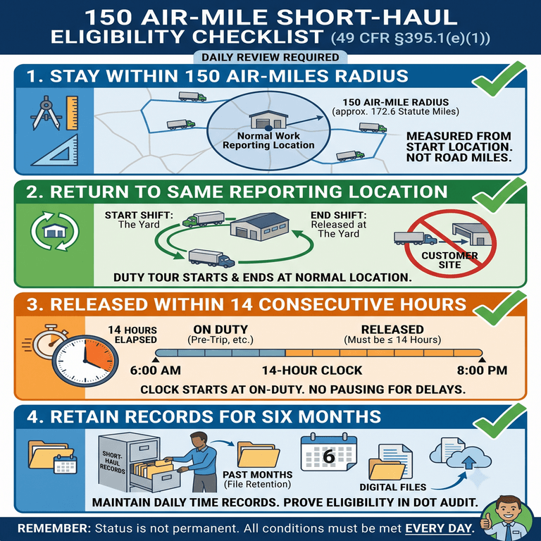 Short-haul exemption eligibility checklist showing radius, same reporting location, 14-hour release, and six-month record retention requirements