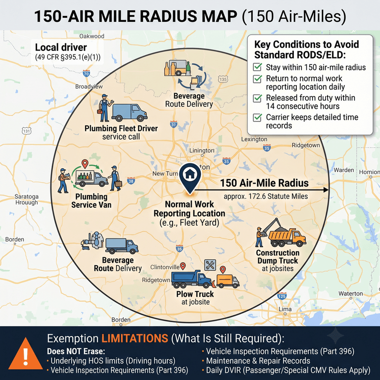 Map-style visualization of a 150 air-mile radius around a local fleet work reporting location