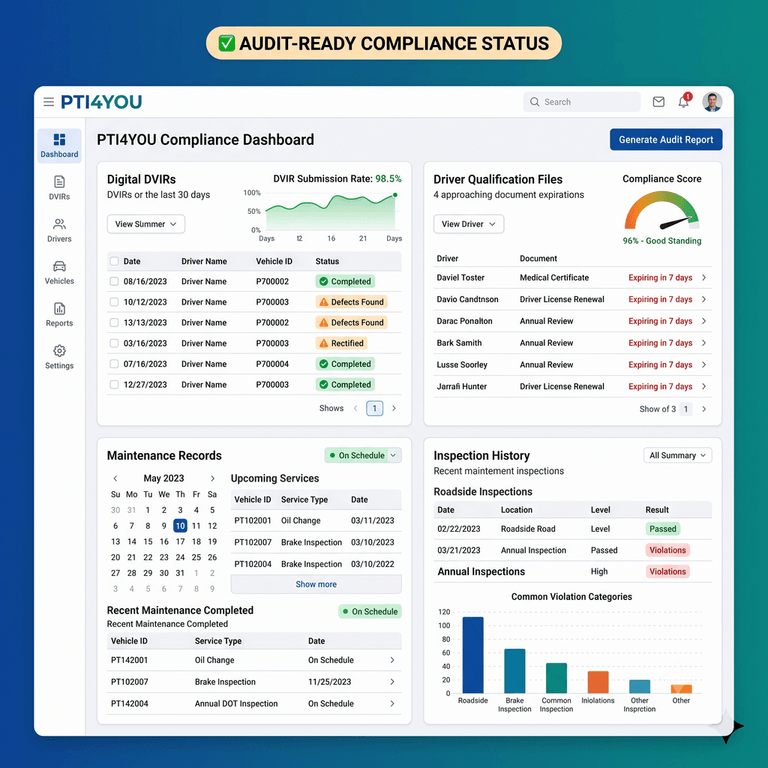 Compliance dashboard displaying digital DVIRs, Driver Qualification Files, maintenance records, and inspection history in one view