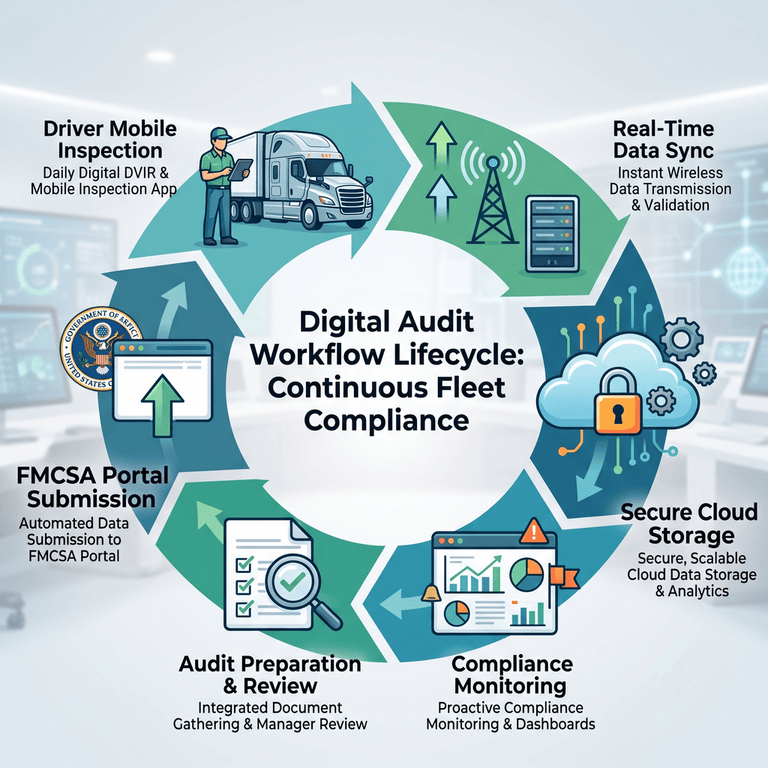 Timeline graphic showing the digital audit workflow from driver inspection to cloud storage and FMCSA portal submission