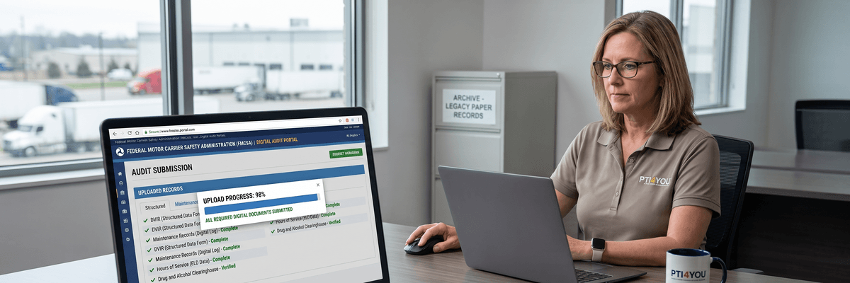 Fleet safety manager uploading DVIR and maintenance records to the FMCSA digital audit portal on a laptop