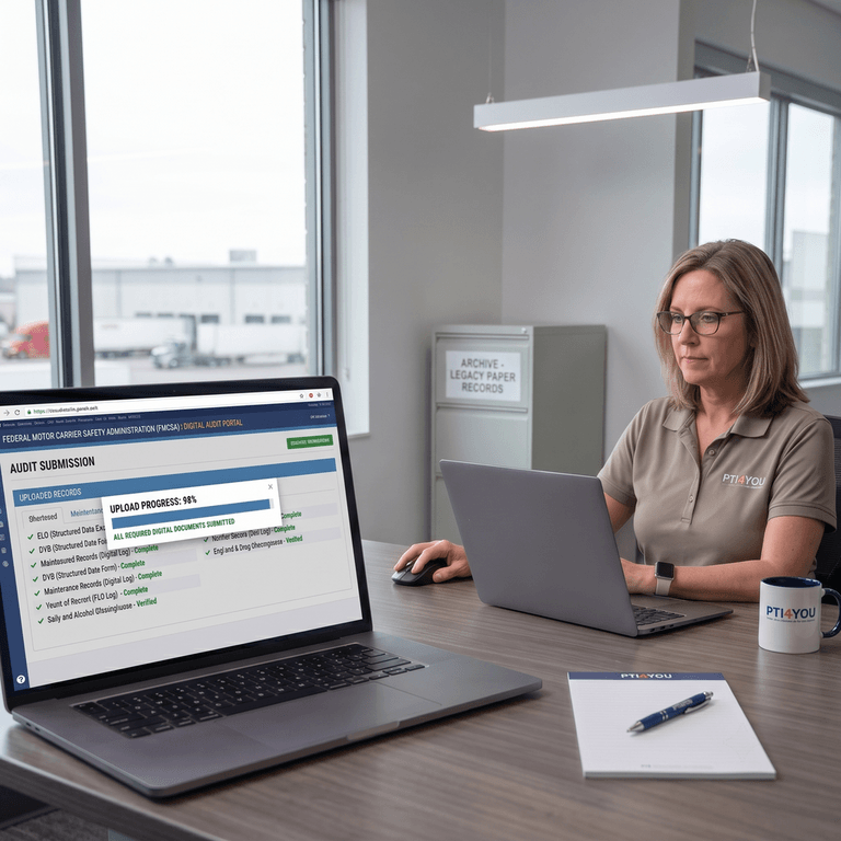 Fleet safety manager uploading DVIR and maintenance records to the FMCSA digital audit portal on a laptop