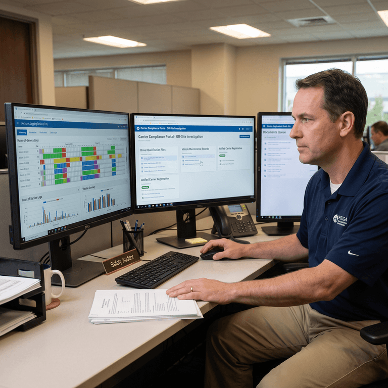 FMCSA safety auditor reviewing a motor carrier's electronic compliance records remotely during an off-site investigation