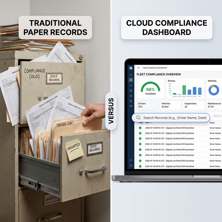 Side-by-side comparison of an overflowing paper filing cabinet and a clean cloud-based fleet compliance dashboard