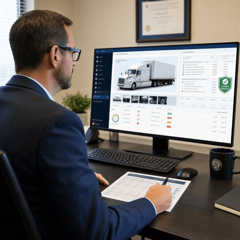DOT auditor reviewing electronic inspection records for a leased commercial vehicle during a compliance review