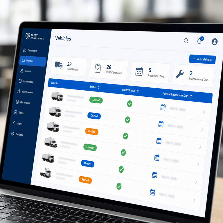 Digital compliance dashboard showing leased commercial vehicles with upcoming annual inspections and DVIR status