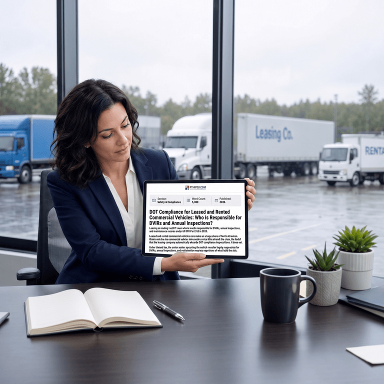 Fleet manager reviewing digital compliance records for a mixed fleet of owned, leased, and rented commercial trucks