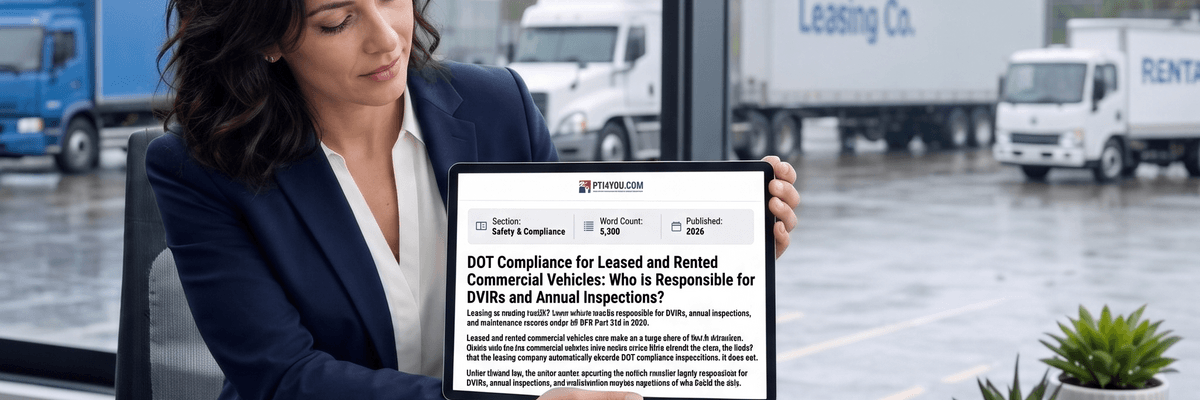 Fleet manager reviewing digital compliance records for a mixed fleet of owned, leased, and rented commercial trucks