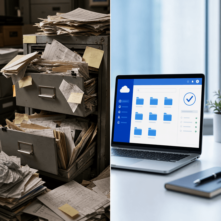 Side-by-side comparison of disorganized paper maintenance folders versus centralized cloud compliance records for leased trucks