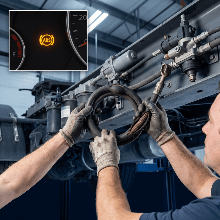 Technician inspecting an air brake hose for chafing and bulges while checking the ABS malfunction indicator lamp