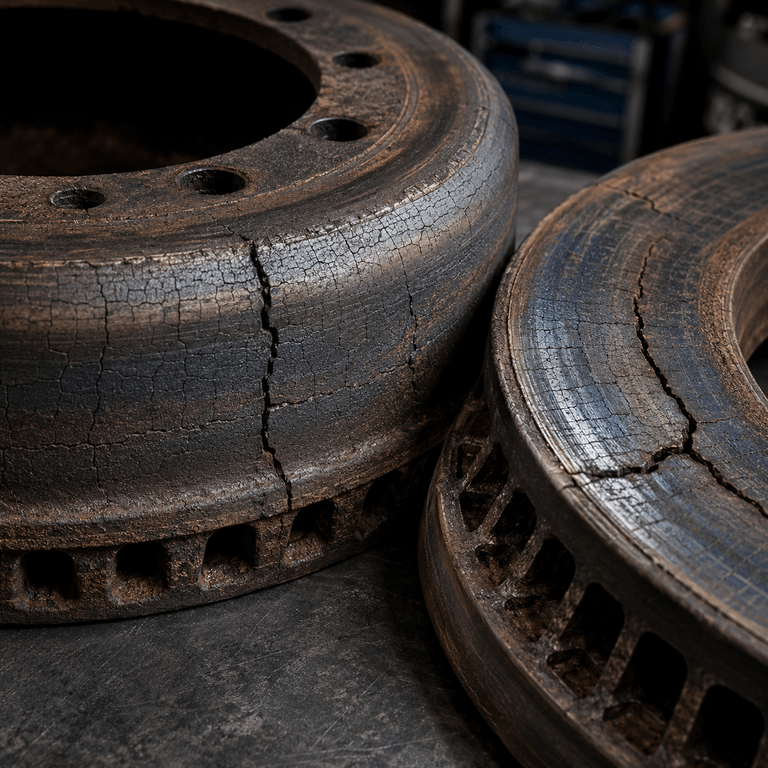 Close-up of a heavy-duty brake drum and air disc rotor showing heat checking and flexural cracks from thermal fatigue