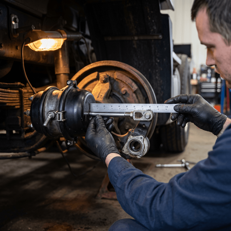 Mechanic measuring air brake chamber pushrod stroke with a ruler to verify it is within the adjustment limit