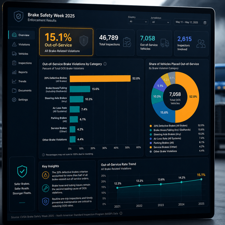 Data dashboard visualizing 2025 CVSA Brake Safety Week out-of-service violation categories and percentages