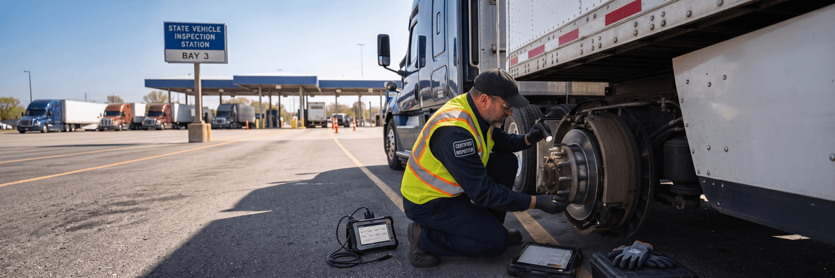 CVSA-certified inspector examining a commercial vehicle brake drum and air disc rotor during Brake Safety Week 2026