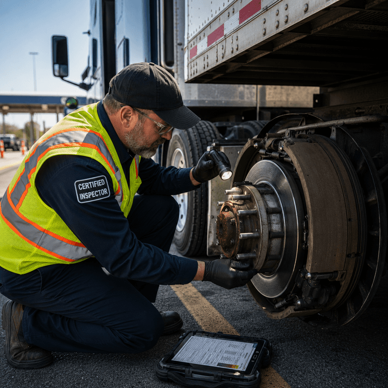 CVSA-certified inspector examining a commercial vehicle brake drum and air disc rotor during Brake Safety Week 2026