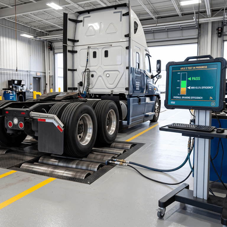 Commercial truck positioned on a roller-type Performance-Based Brake Tester measuring braking force and efficiency