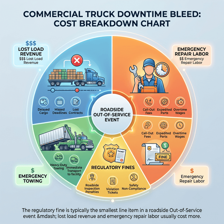 Cost breakdown chart showing the four components of a commercial truck downtime bleed: lost load revenue, emergency towing, emergency repair labor, and regulatory fines