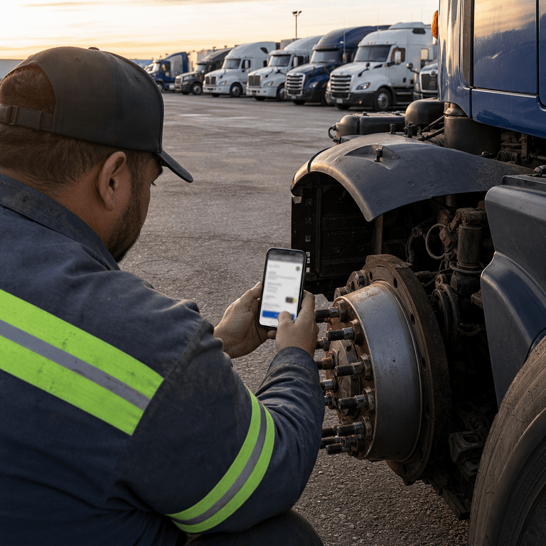 A commercial truck driver photographing a brake defect on a smartphone during a digital pre-trip inspection before dispatch