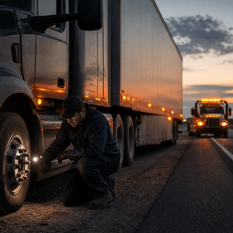 A commercial truck driver inspects a cracked brake component on a highway shoulder at dusk while a tow truck approaches after a roadside Out-of-Service violation