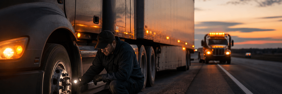 A commercial truck driver inspects a cracked brake component on a highway shoulder at dusk while a tow truck approaches after a roadside Out-of-Service violation