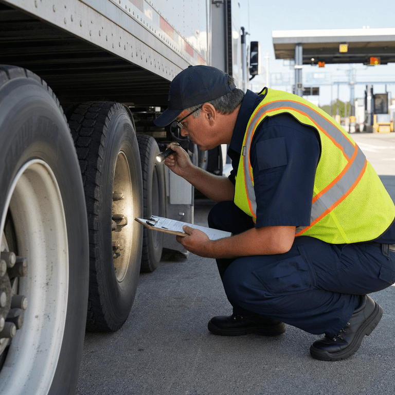 A CVSA-certified inspector checking a semi-truck's tire tread and brake chamber during a Level 1 roadside inspection