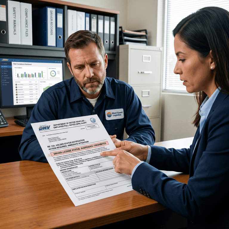 A California DMV Employer Pull Notice alert flagging a driver's CDL for immediate suspension following a Clearinghouse prohibition entry