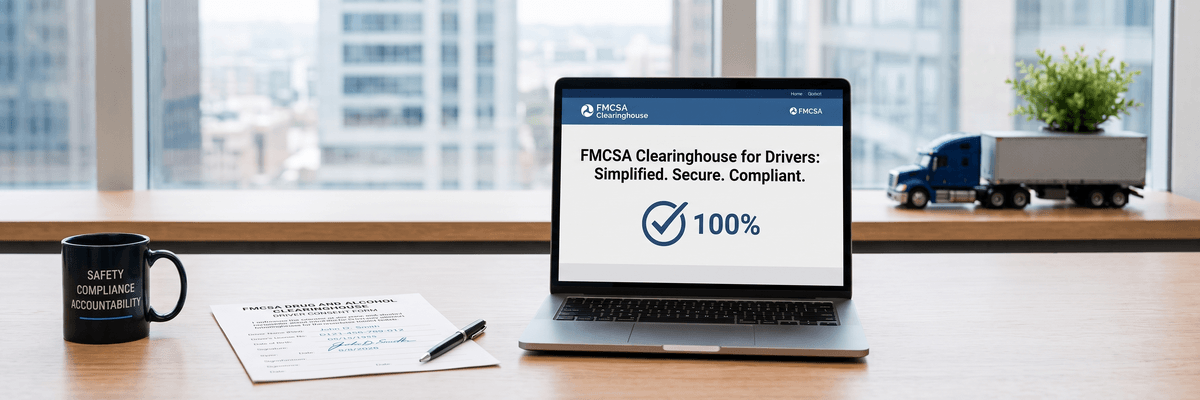 A fleet HR specialist reviewing a signed FMCSA Drug and Alcohol Clearinghouse consent form next to a laptop showing the Clearinghouse portal
