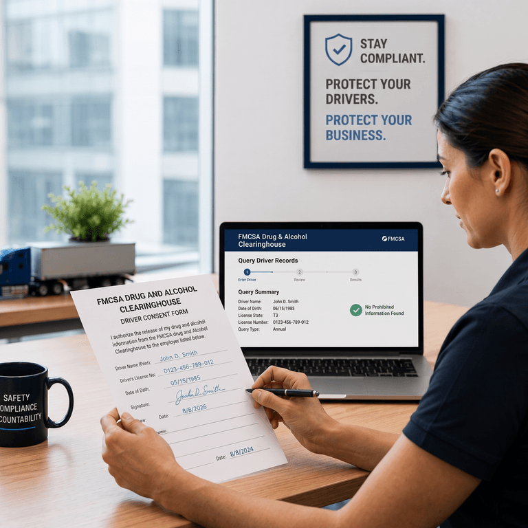 A fleet HR specialist reviewing a signed FMCSA Drug and Alcohol Clearinghouse consent form next to a laptop showing the Clearinghouse portal