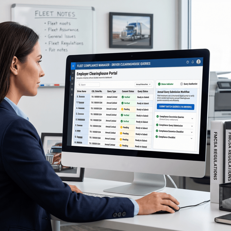 An employer account screen inside the FMCSA Clearinghouse portal showing a driver roster ready for an annual limited query submission