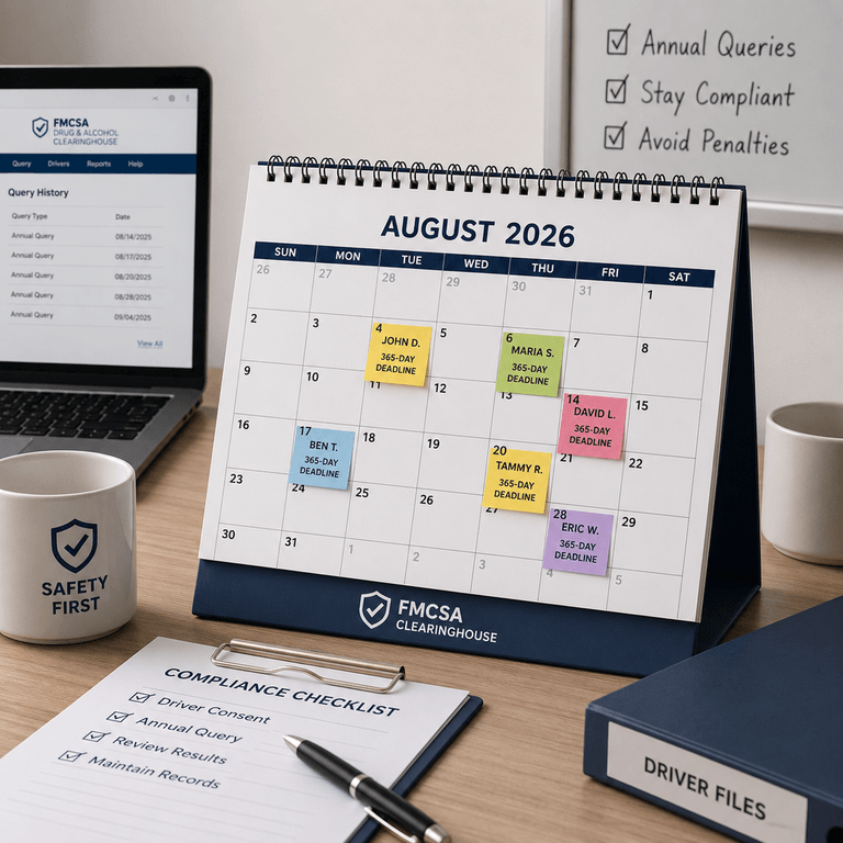 A safety manager's calendar highlighting upcoming 365-day deadlines for annual FMCSA Clearinghouse driver queries
