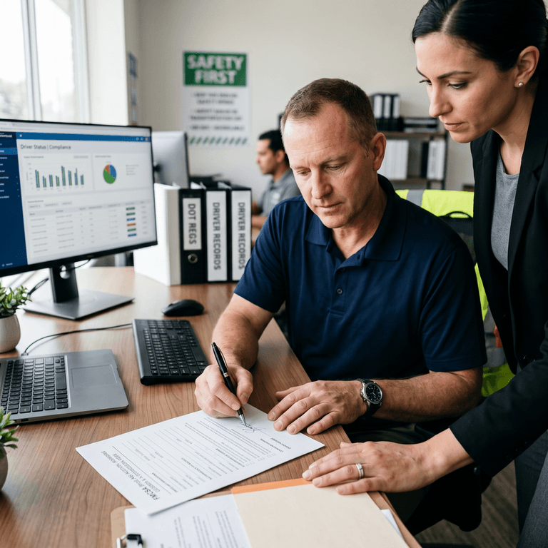 A CDL driver signing a printed Clearinghouse consent and authorization form handed to them by a fleet safety manager