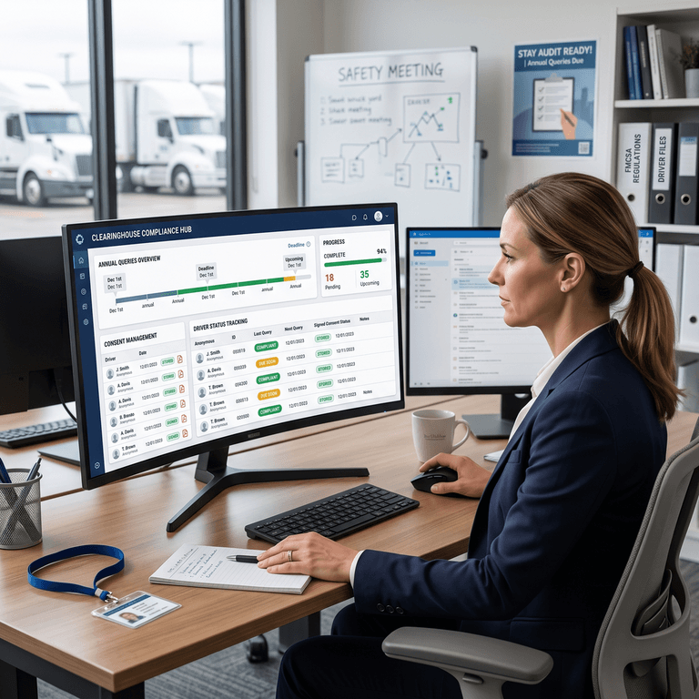 A fleet safety dashboard showing which drivers are due for their annual FMCSA Clearinghouse query, alongside stored signed consent forms