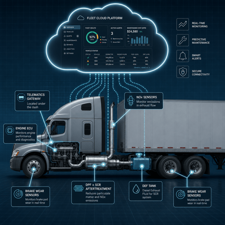 Commercial heavy-duty truck connected to telematics, engine diagnostics, and emissions sensors feeding a cloud fleet maintenance platform