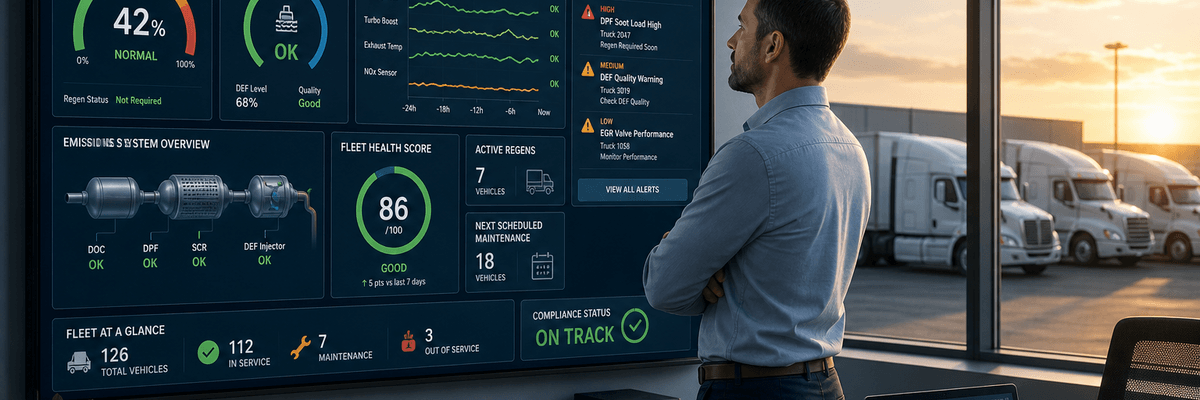 Fleet manager reviewing a predictive fleet maintenance dashboard showing EPA 2027 emissions component health, DPF status, and DEF system alerts for heavy-duty trucks