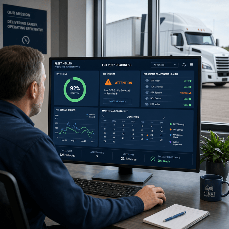 Fleet manager reviewing a predictive fleet maintenance dashboard showing EPA 2027 emissions component health for heavy-duty trucks