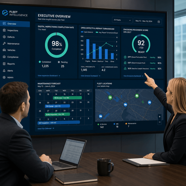 Executive fleet intelligence dashboard combining digital inspections, maintenance history, emissions readiness, and fleet health metrics for EPA 2027 planning