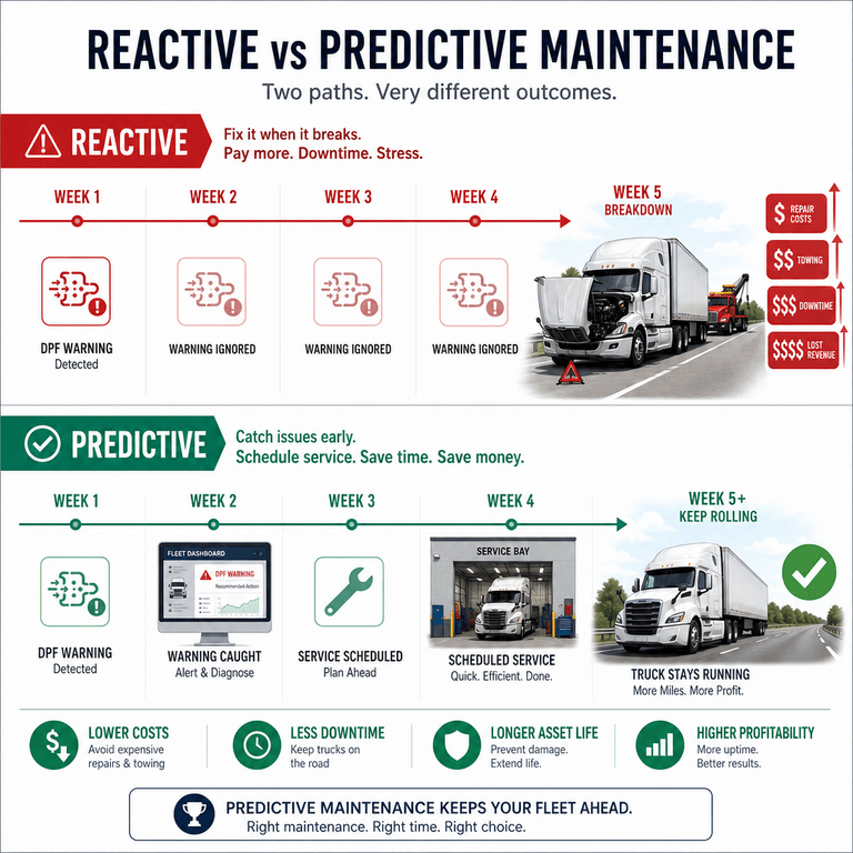 Timeline comparing reactive fleet maintenance leading to roadside breakdowns with predictive maintenance catching DPF and DEF system faults early before EPA 2027