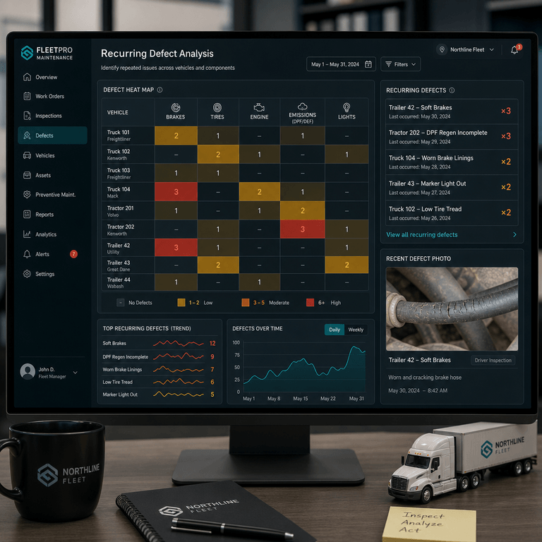 Fleet maintenance dashboard highlighting recurring brake, tire, engine, and emissions system defects detected through digital DVIR inspection history