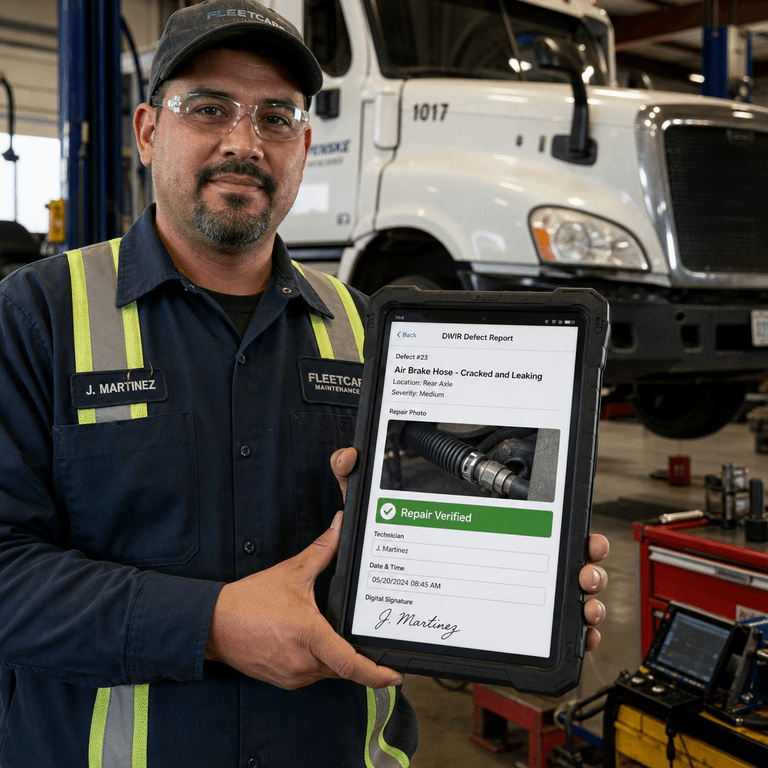 Fleet technician verifying and signing off a completed repair from a digital DVIR defect report on a tablet in a truck maintenance bay