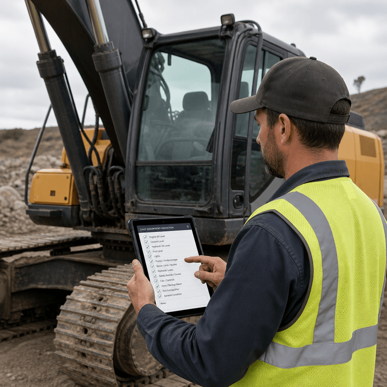 Construction equipment technician completing a digital inspection checklist on a tablet next to an excavator hydraulic arm