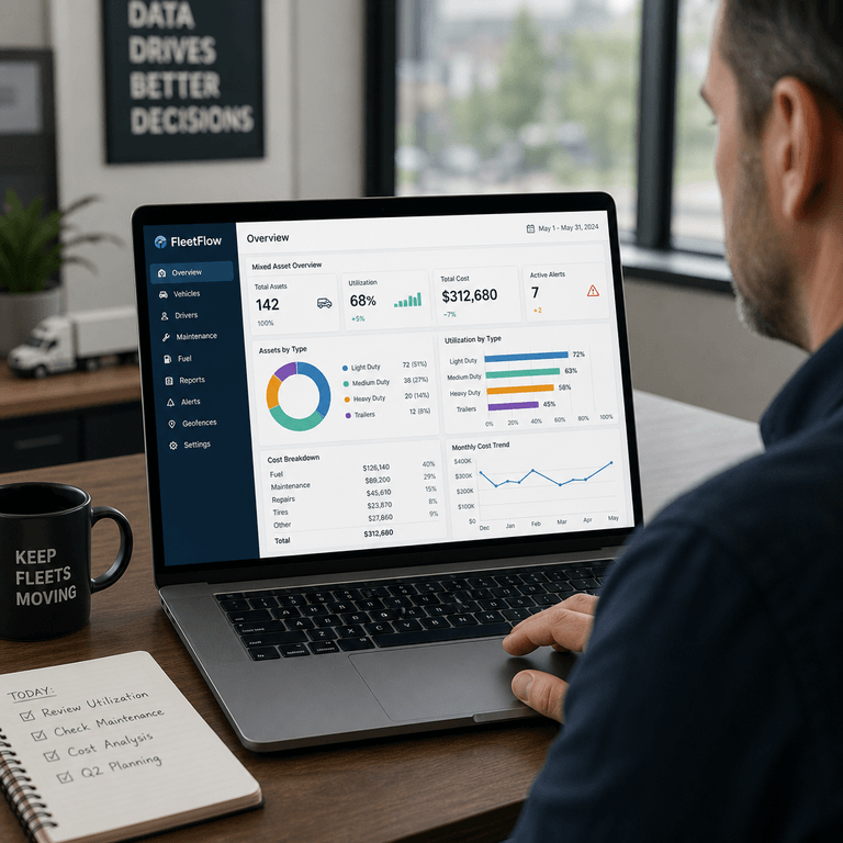 Construction fleet manager reviewing mixed asset analytics covering trucks, trailers, and heavy equipment on a laptop dashboard
