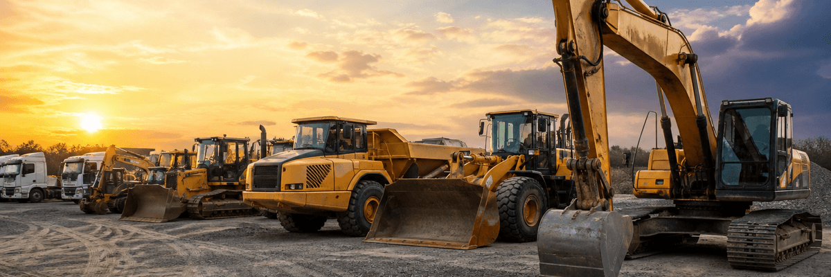 Construction company yard showing trucks, stacked utility trailers, generators, and an excavator representing a mixed asset fleet