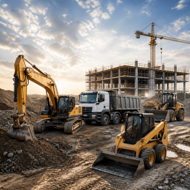 Mixed construction fleet of trucks, trailers, and heavy equipment tracked on one inspection platform