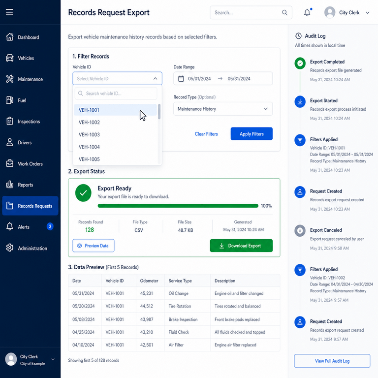 City clerk exporting a records-ready vehicle maintenance report from a secure cloud dashboard in minutes