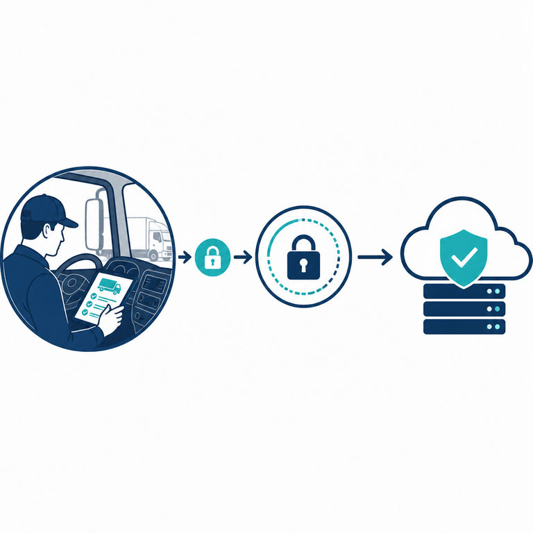 Diagram showing encrypted data flow from an in-cab digital inspection to SOC 2-aligned cloud storage