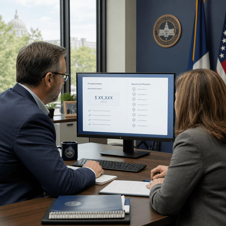 Government IT director and procurement officer reviewing a clear pricing and security summary on a desktop monitor