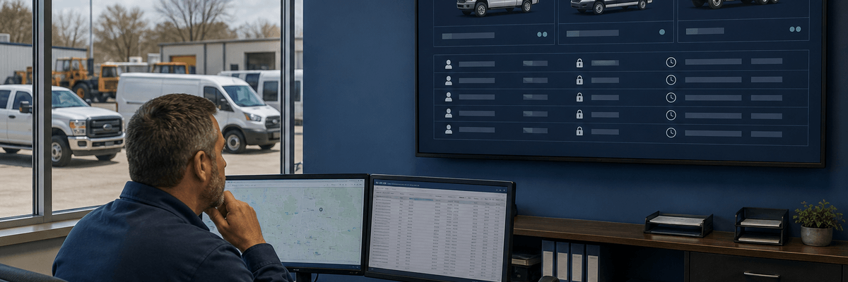 Municipal fleet superintendent reviewing a digital audit-trail dashboard in a city operations office