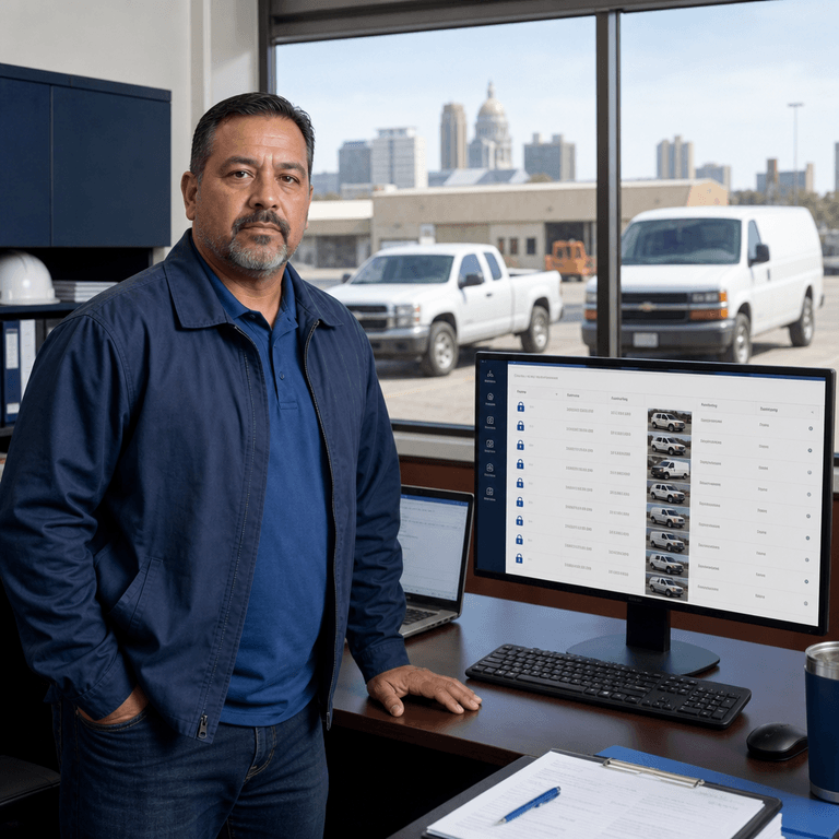 Municipal fleet superintendent reviewing a digital audit-trail dashboard in a city operations office